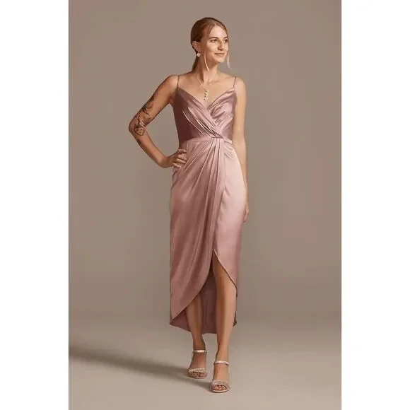 David's Bridal Pleated Bodice Satin Tulip Dress - Picture 1 of 3